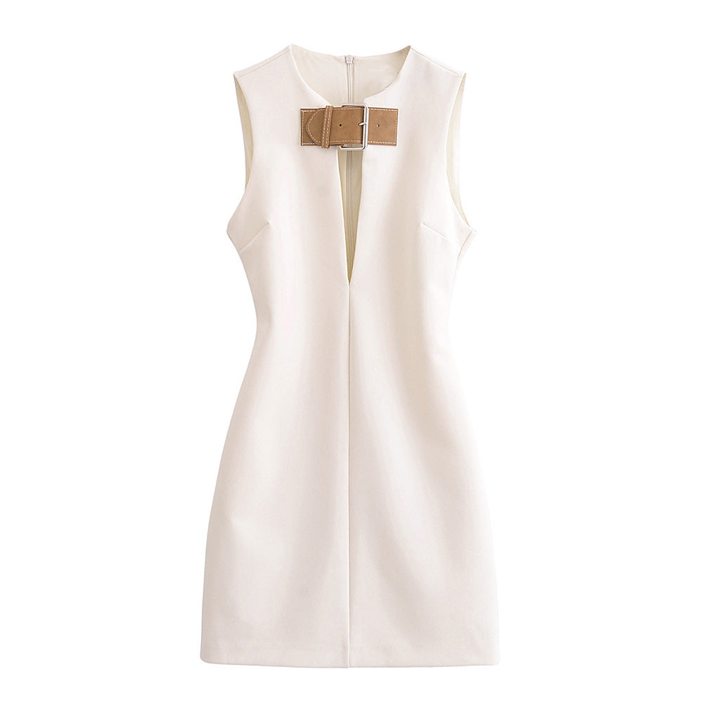 Women's Buckle Strap Sleeveless Slim Mini Dress
