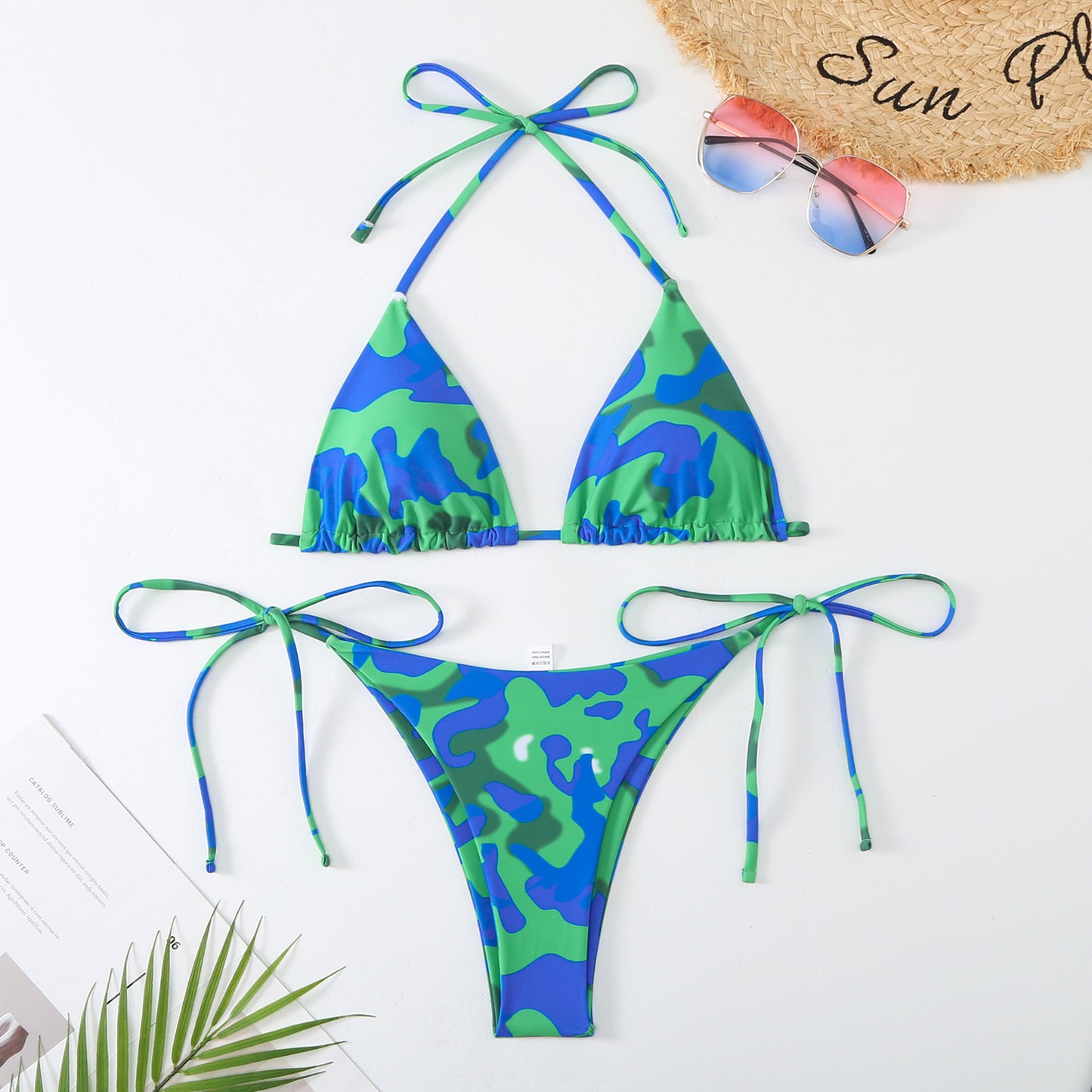 Woman's Split Contrast Color Lacing Triangle Bikini/5 Colors