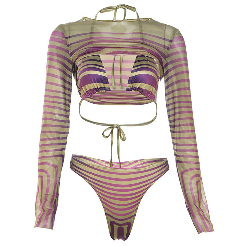 Women's Halter Lace-up High Waist Three Piece Bikini Set