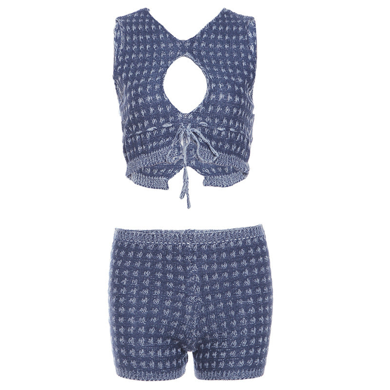 Women's Knitted Sleeveless Hollow-out Two Piece Set