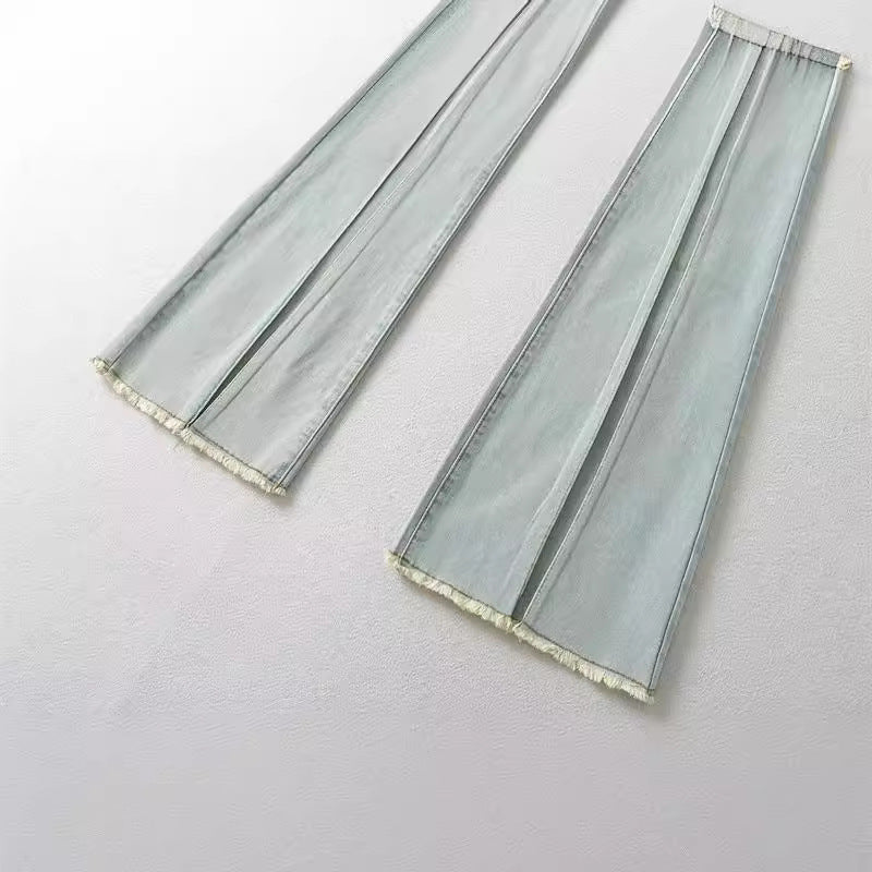 Woman's Low Waist Denim Washed Frayed Hem Wide Leg Jeans