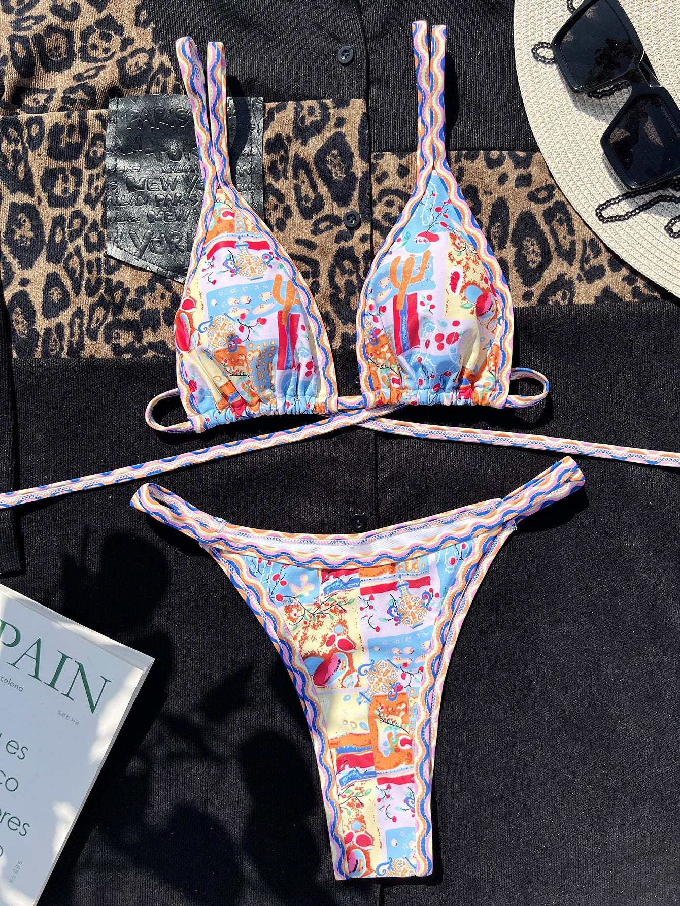 Women's Split Printed Drawstring Triangle Bikini