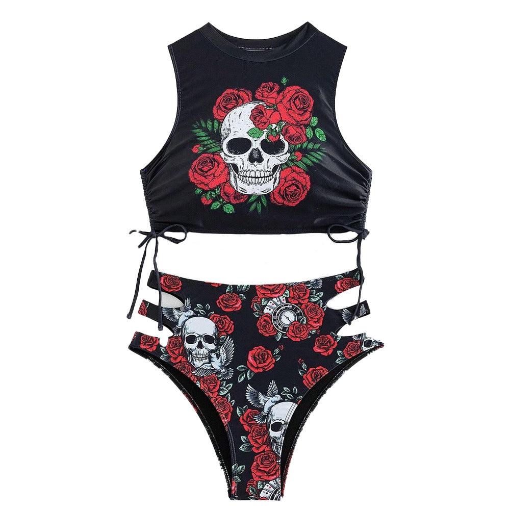 Women's Flower/ Skull Tight Two-piece Swimsuit Set