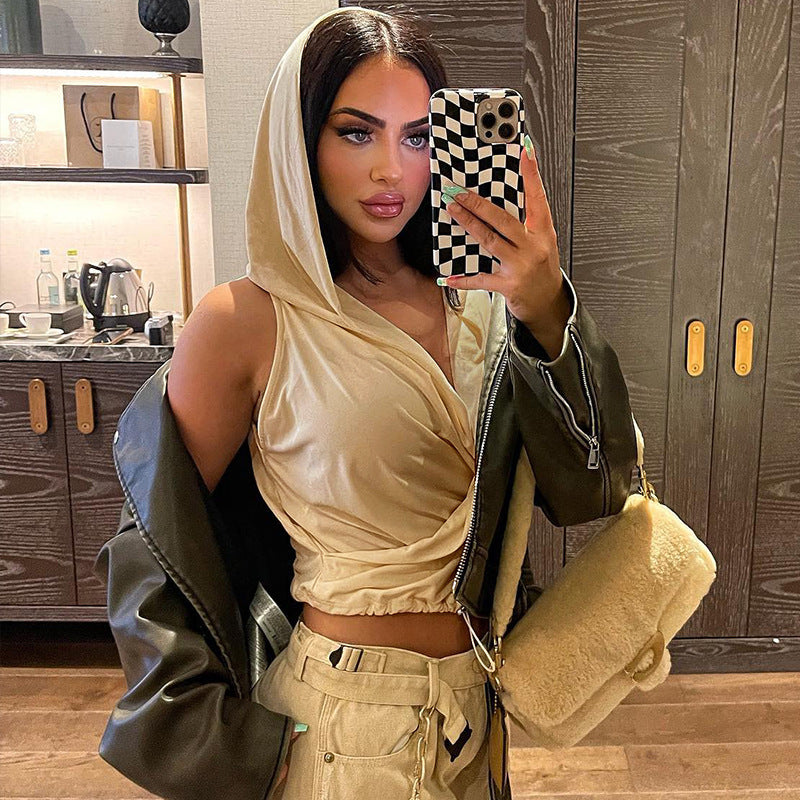 Woman's Sleeveless Hooded Drawstring Deep V-neck Slim-fit Top