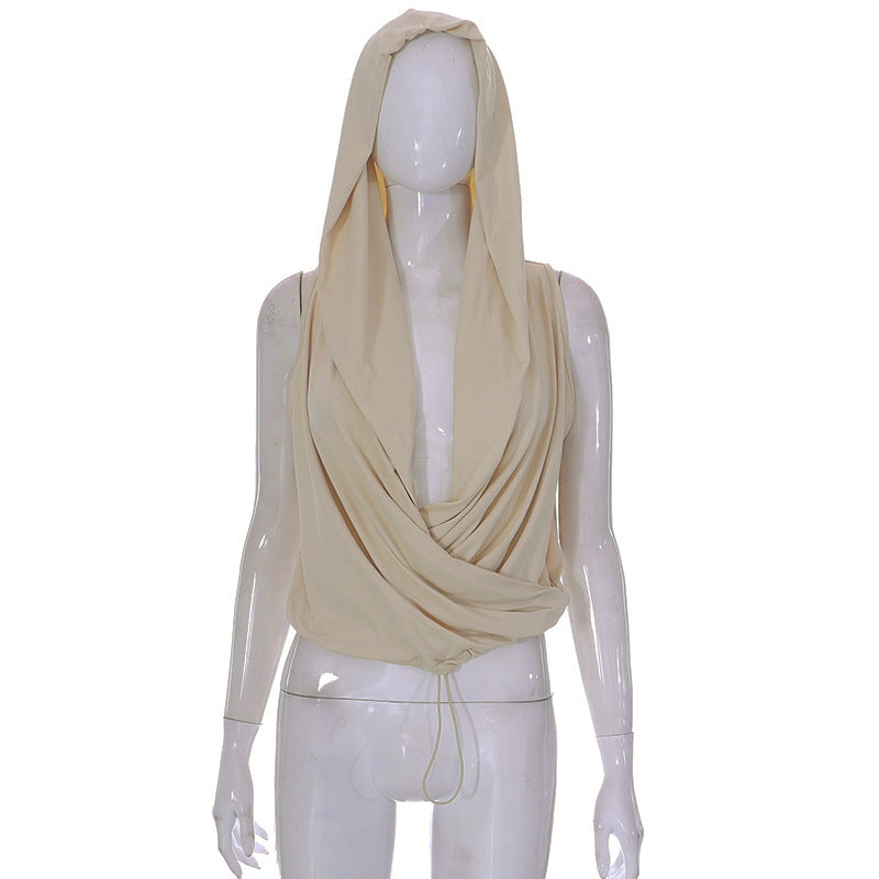Woman's Sleeveless Hooded Drawstring Deep V-neck Slim-fit Top