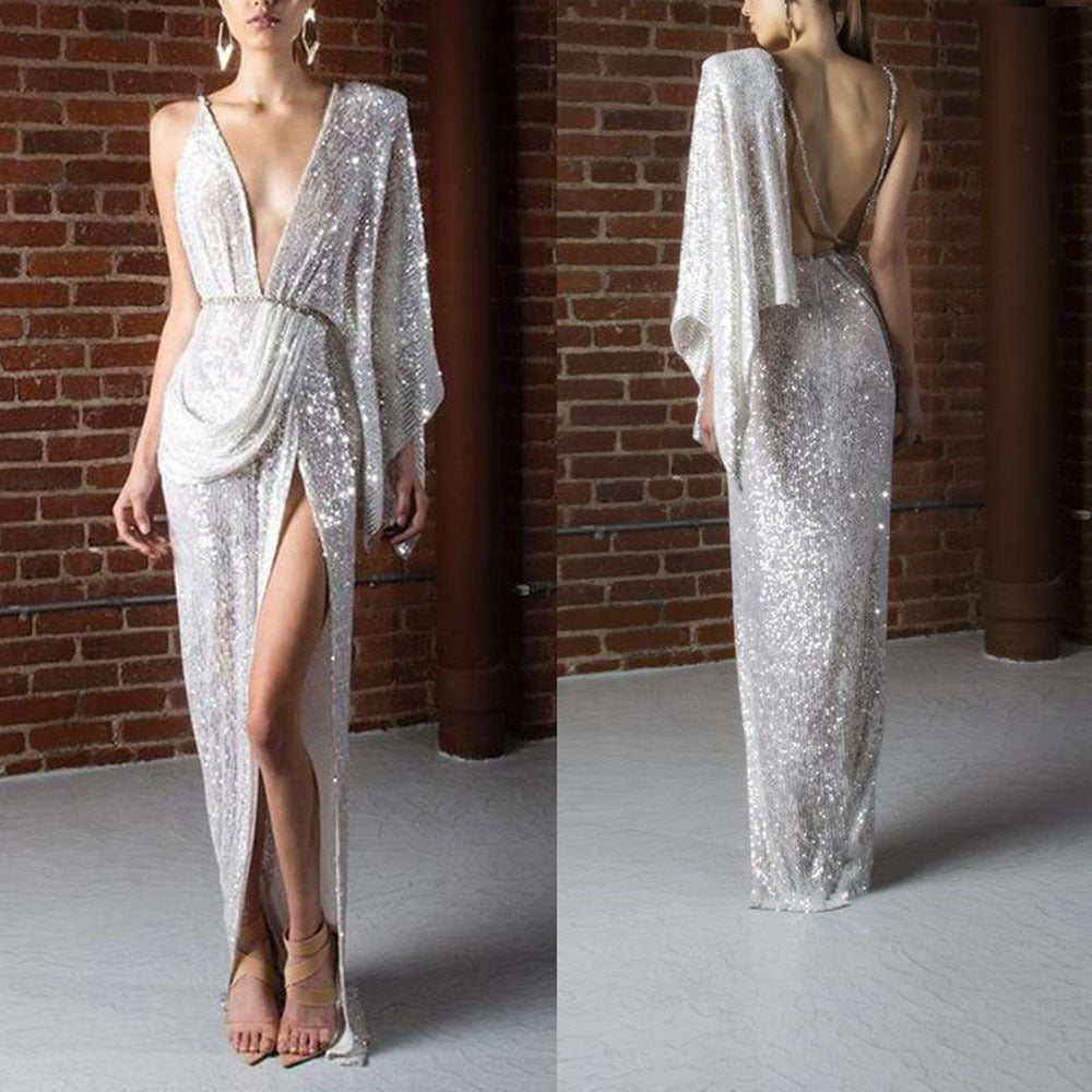 Woman's Sequined Halter Backless Long Slit Dress