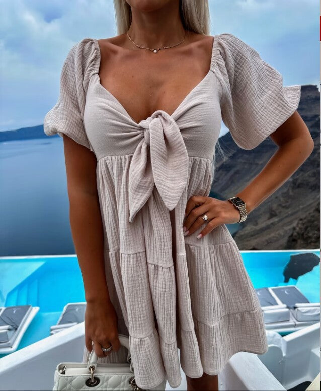 Woman's Front Tied V-neck Short Sleeve Summer Dress