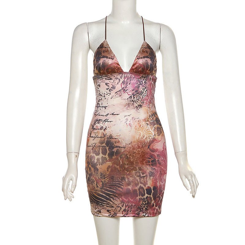 Woman's Strappy Backless Slim Fit Printed Sheath Dress/4 Colors