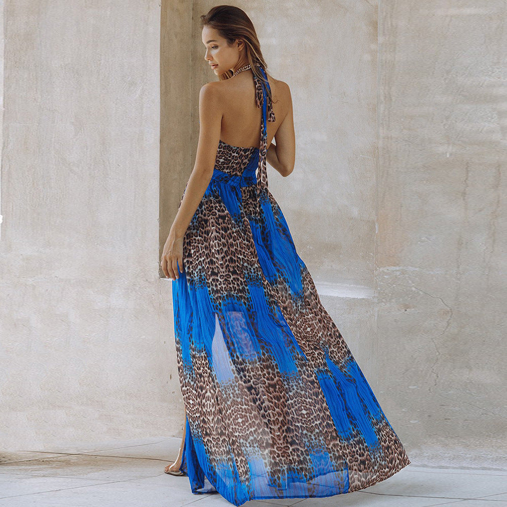 Woman's Leopard Print Backless Bohemian Dress/3 Colors