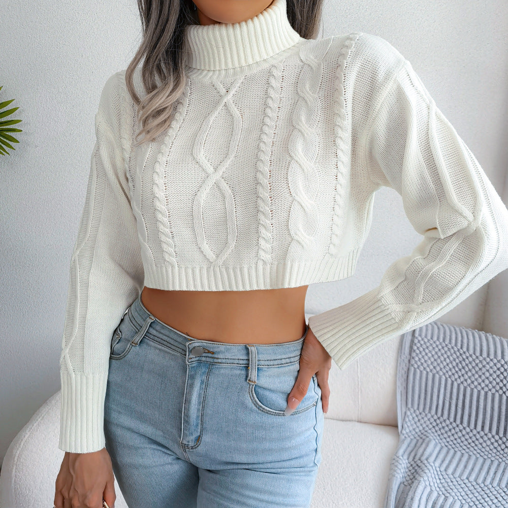Woman's Long Sleeve Turtleneck Cropped Pullover Sweater/3 Colors