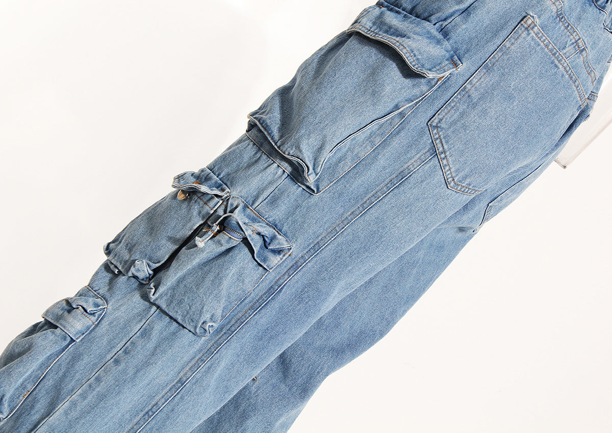 Women's Multi-pocket Washed And Worn Wide-leg Pants