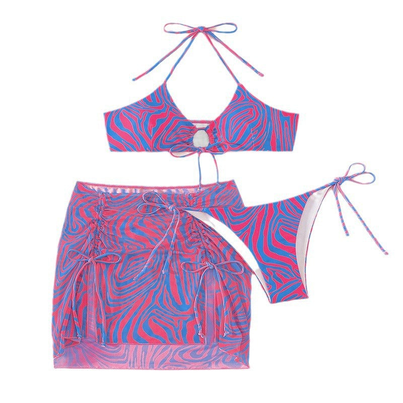 Woman's Lace-up Hollow Out Three-piece Bikini Set/3 Colors
