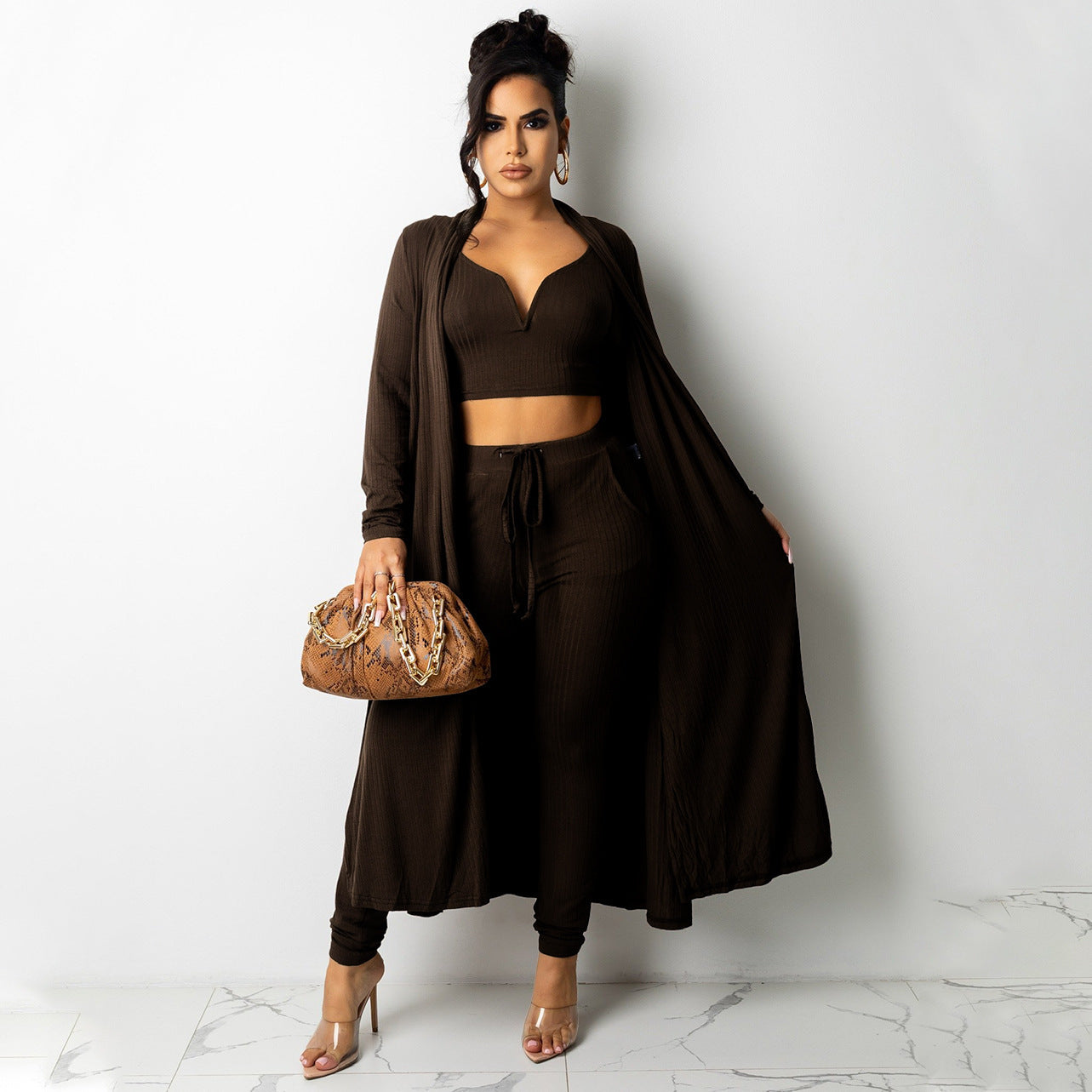 Woman's Ribbed V-neck Vest Long Women's Pants 3 Piece Suit/3 Colors