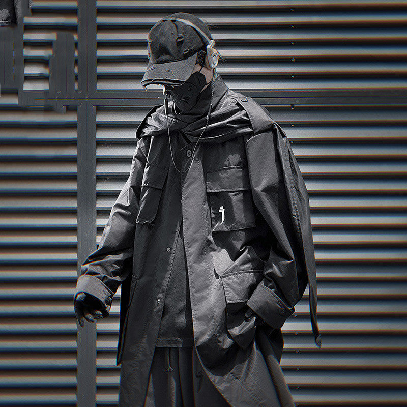 Multi-pocket Scarf Long Trench Coat For Men Loose Casual Jacket