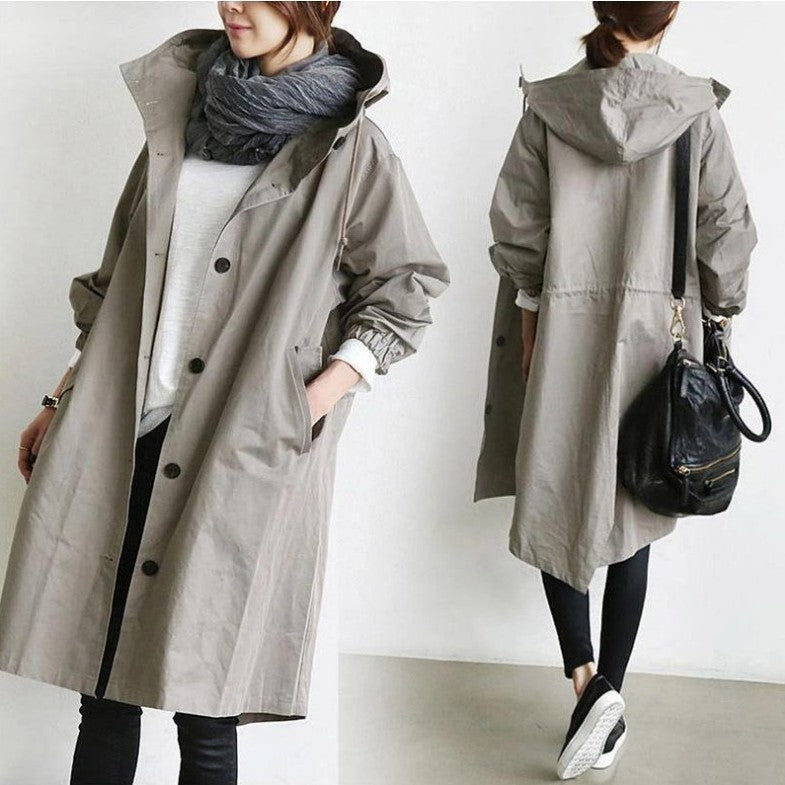 Casual Style Trench Coat For Women, Medium Length, Elegant Waisted Long-sleeved Coat
