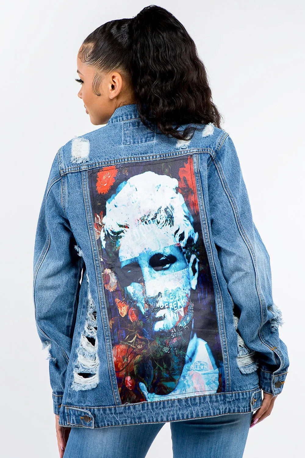 Woman's Full Size Button Up Distressed Denim Jacket