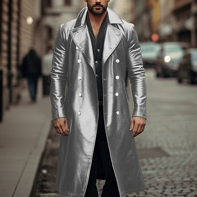 Long Trench Coat Male Double-breasted metallic Leather Jacket