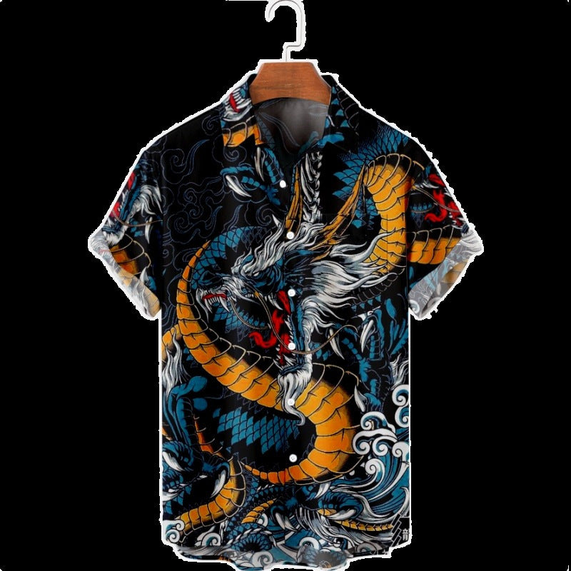 Men's 3D Printed Short Sleeve Dragon Button Up Collar Shirt
