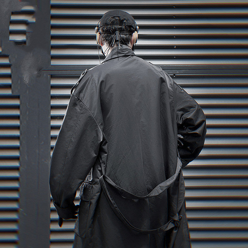 Multi-pocket Scarf Long Trench Coat For Men Loose Casual Jacket