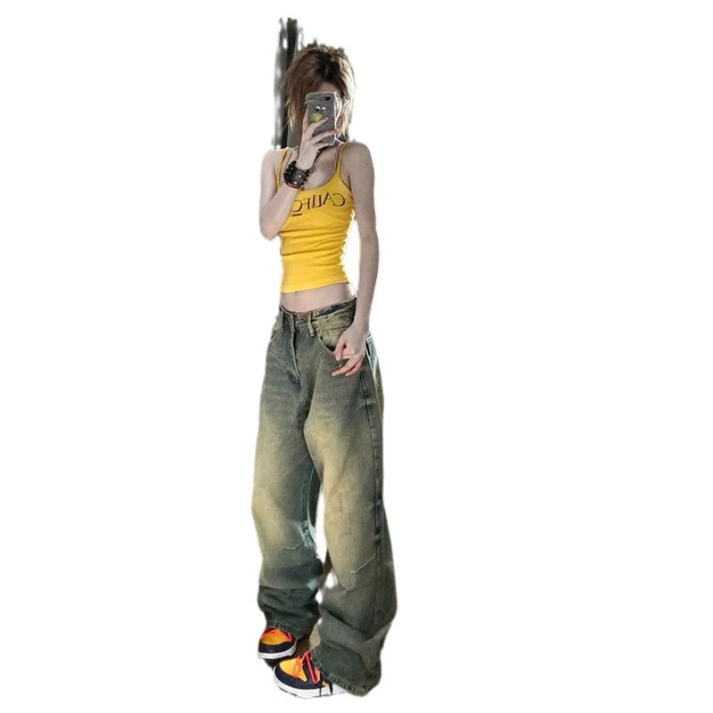 Women's High Waist Loose Distressed Straight-leg Denim Pants