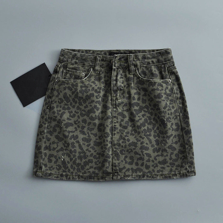 Women's High Waist Leopard Print Denim Skirt/2 Colors