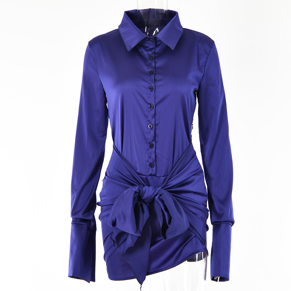 Women's Lace-up A- Line Lapel Long Sleeve Dress/5 Colors