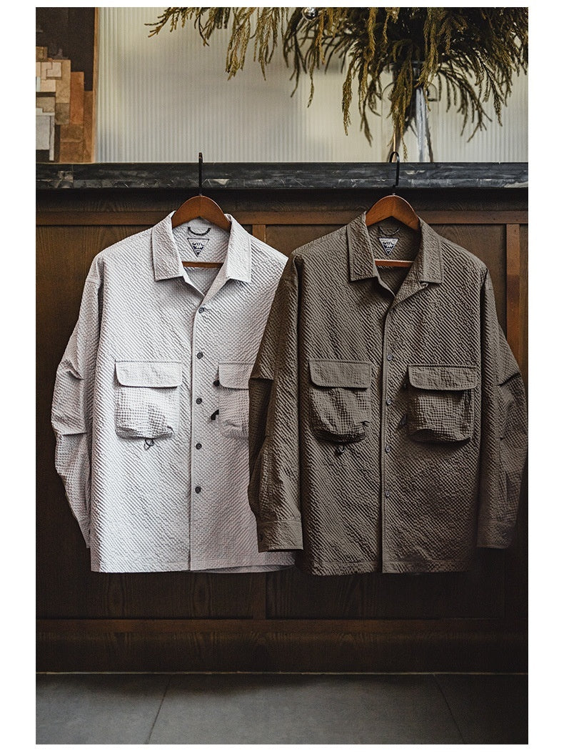 Men's Cuban Collar Seersucker Long Sleeve Shirt