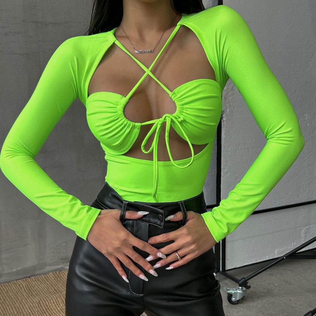 Woman's Cross Tie Long Sleeve Fitted Jumpsuit/4 Colors