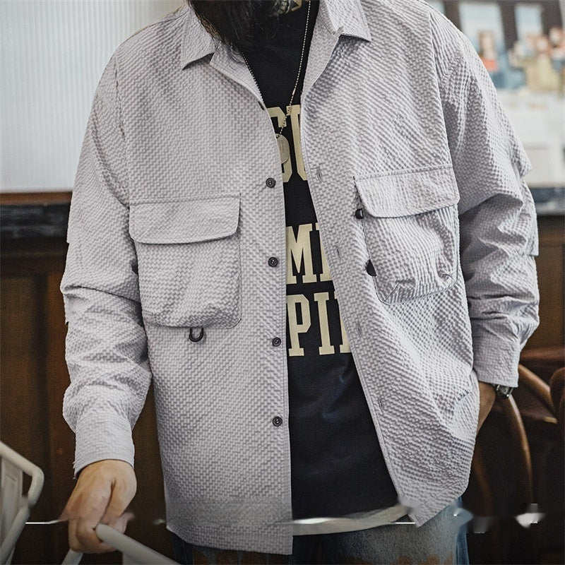 Men's Cuban Collar Seersucker Long Sleeve Shirt