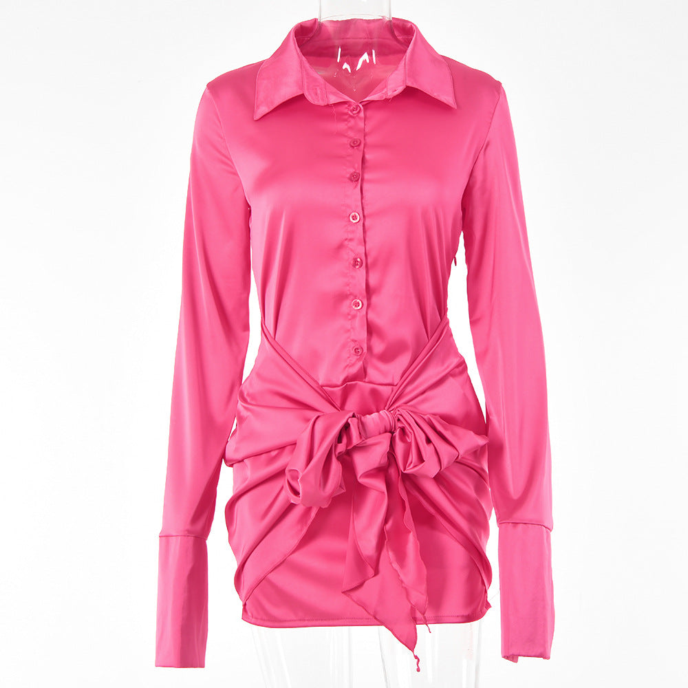 Women's Lace-up A- Line Lapel Long Sleeve Dress/5 Colors