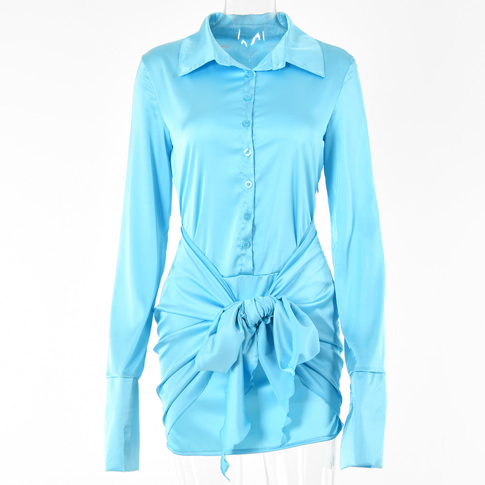 Women's Lace-up A- Line Lapel Long Sleeve Dress/5 Colors