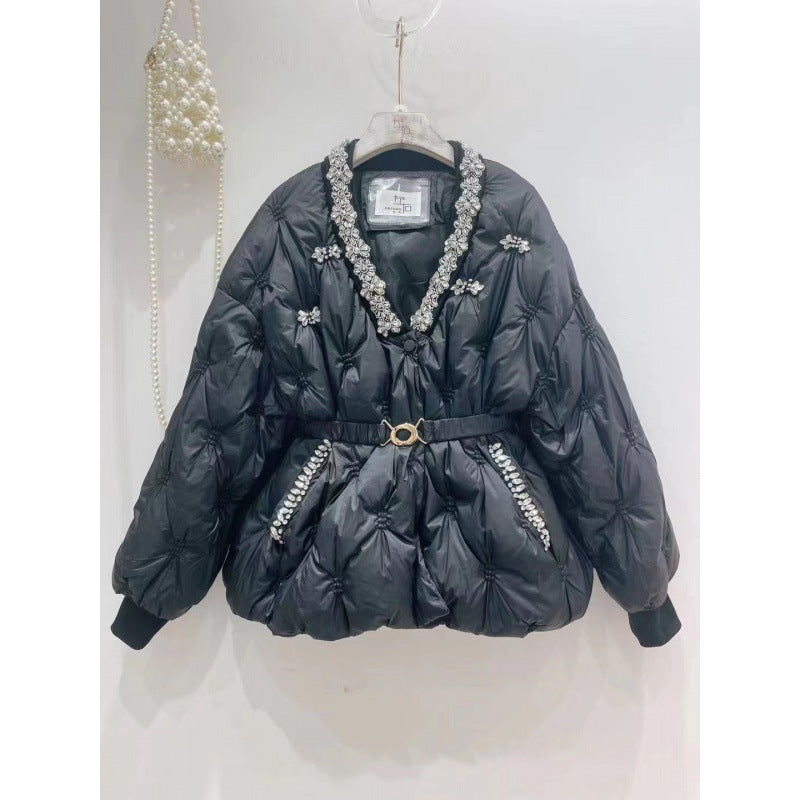 Diamond V Neck Single-breasted All-matching Graceful Waist Down Jacket Coat