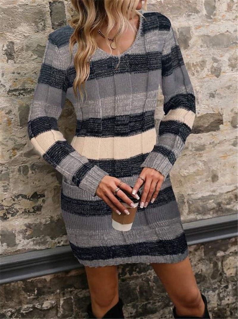 Woman's V-neck Double Pocket Knitted Slim Fit Sweater Dress