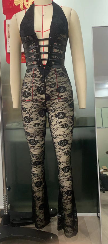 Woman's Lash Rope Lace Up Slim Fit Jumpsuit/2 Colors