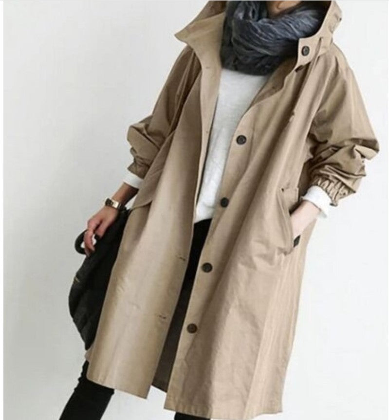 Casual Style Trench Coat For Women, Medium Length, Elegant Waisted Long-sleeved Coat