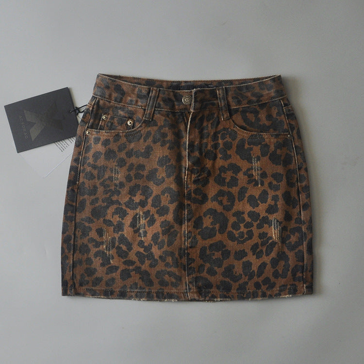 Women's High Waist Leopard Print Denim Skirt/2 Colors