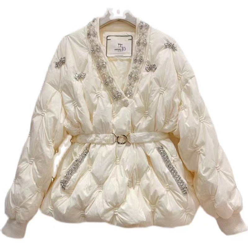 Diamond V Neck Single-breasted All-matching Graceful Waist Down Jacket Coat