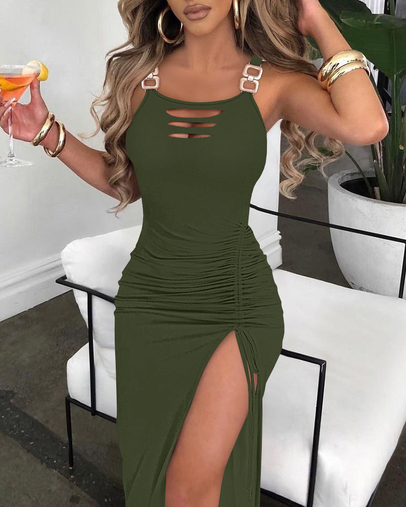 Woman's Square Buckle Hollow-out Camisole Dress/4 Colors