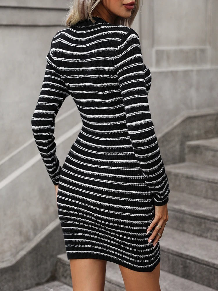 Women's Striped Pullover Mid-length Sweater Dress/3 Colors