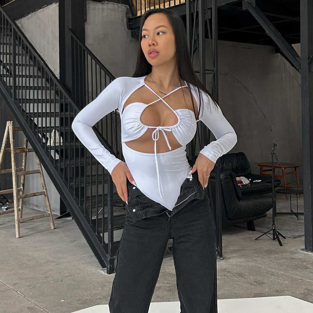 Woman's Cross Tie Long Sleeve Fitted Jumpsuit/4 Colors