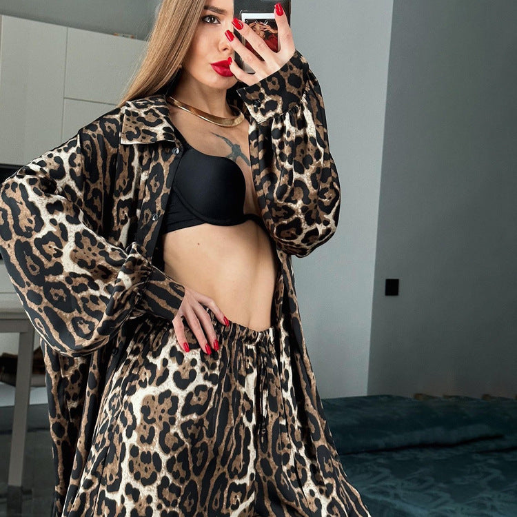 Woman's Leopard Print Long Sleeve Draping 2peice Set