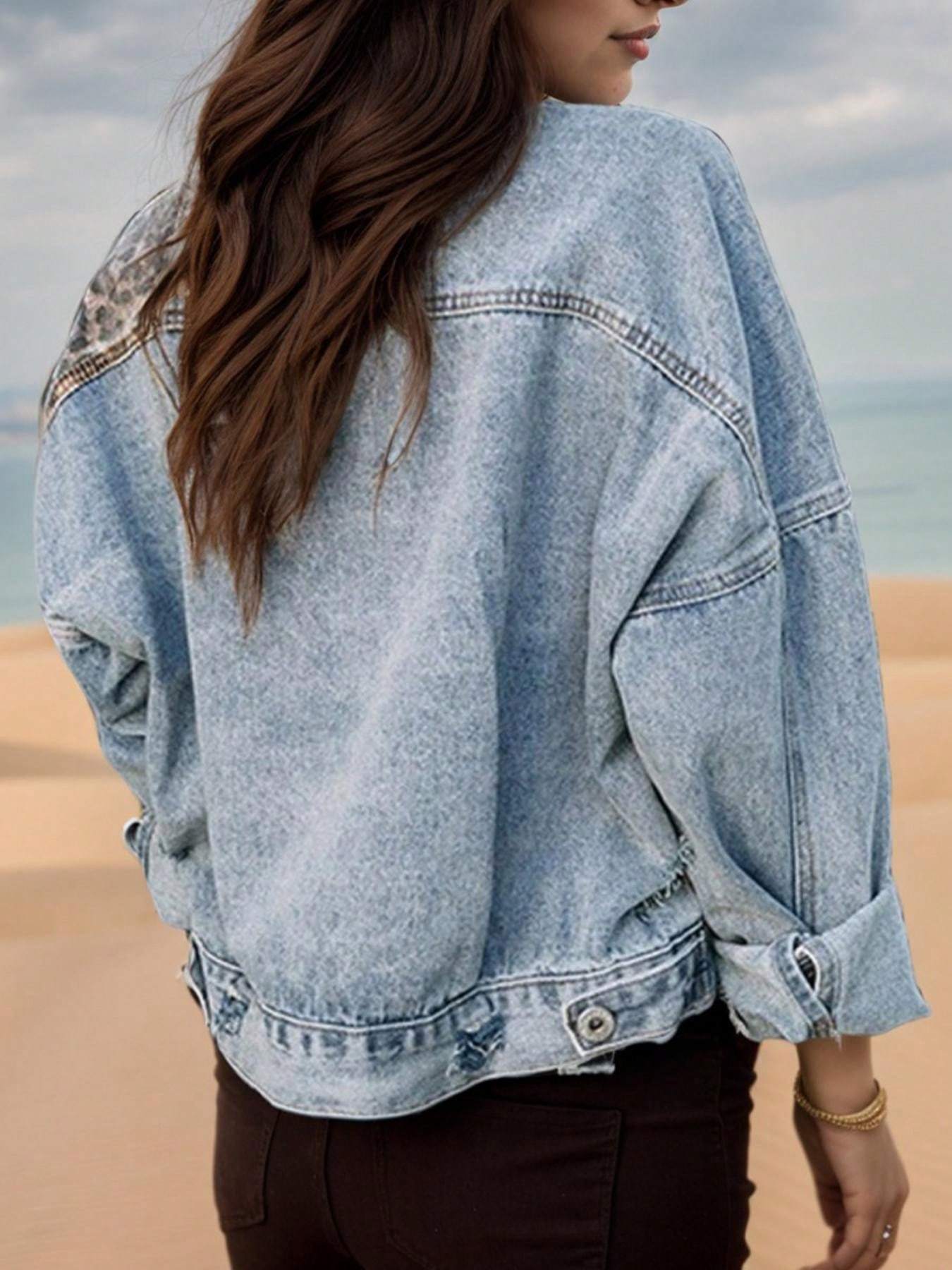 Women's Washed Blue Worn Denim Leopard Print Short Jacket