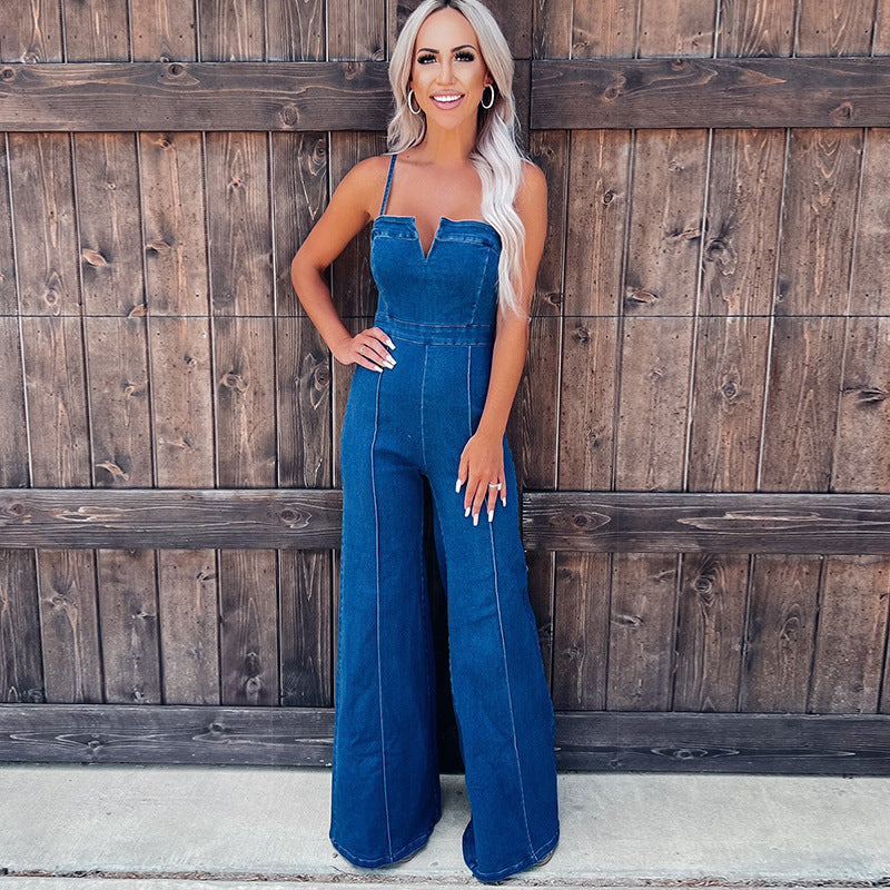 Women's Denim Spaghetti Strap High Waist Jumpsuit