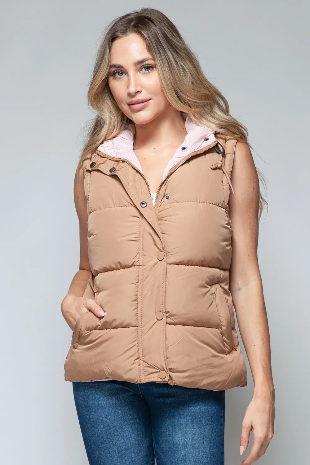 Woman's Snap And Zip Closure Hooded Vest