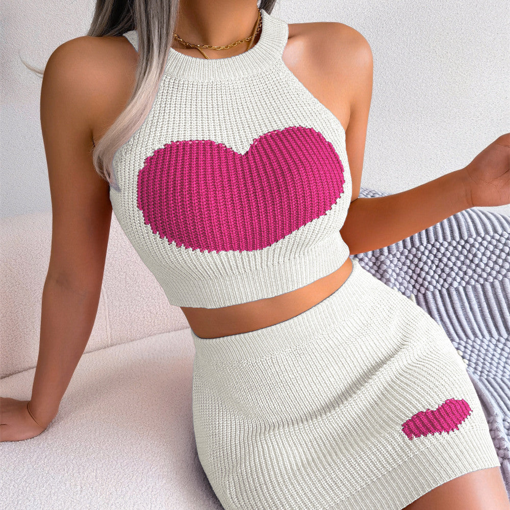 Woman's Knitted Heart Top/ Skirt Set/3 Colors