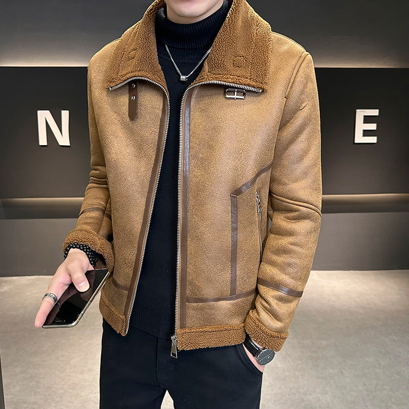 Men's Integrated Lamb Fur Fleece-lined Leather Coat /3 Colors