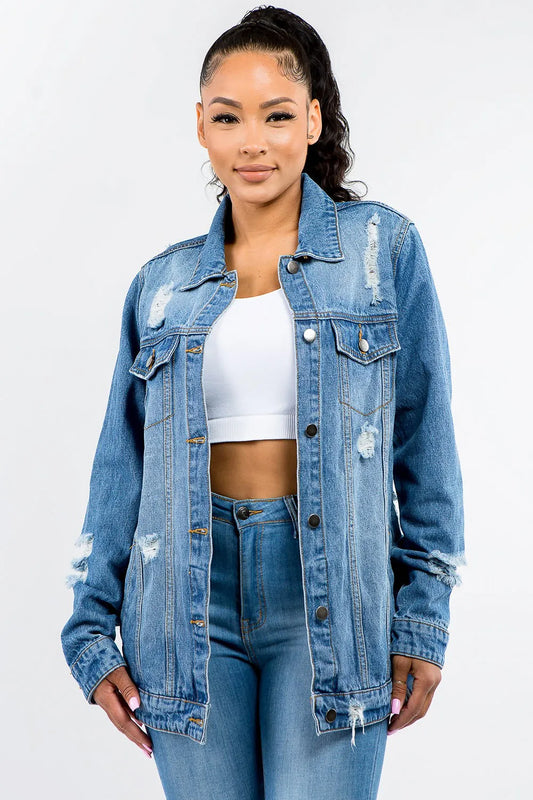 Woman's Full Size Button Up Distressed Denim Jacket