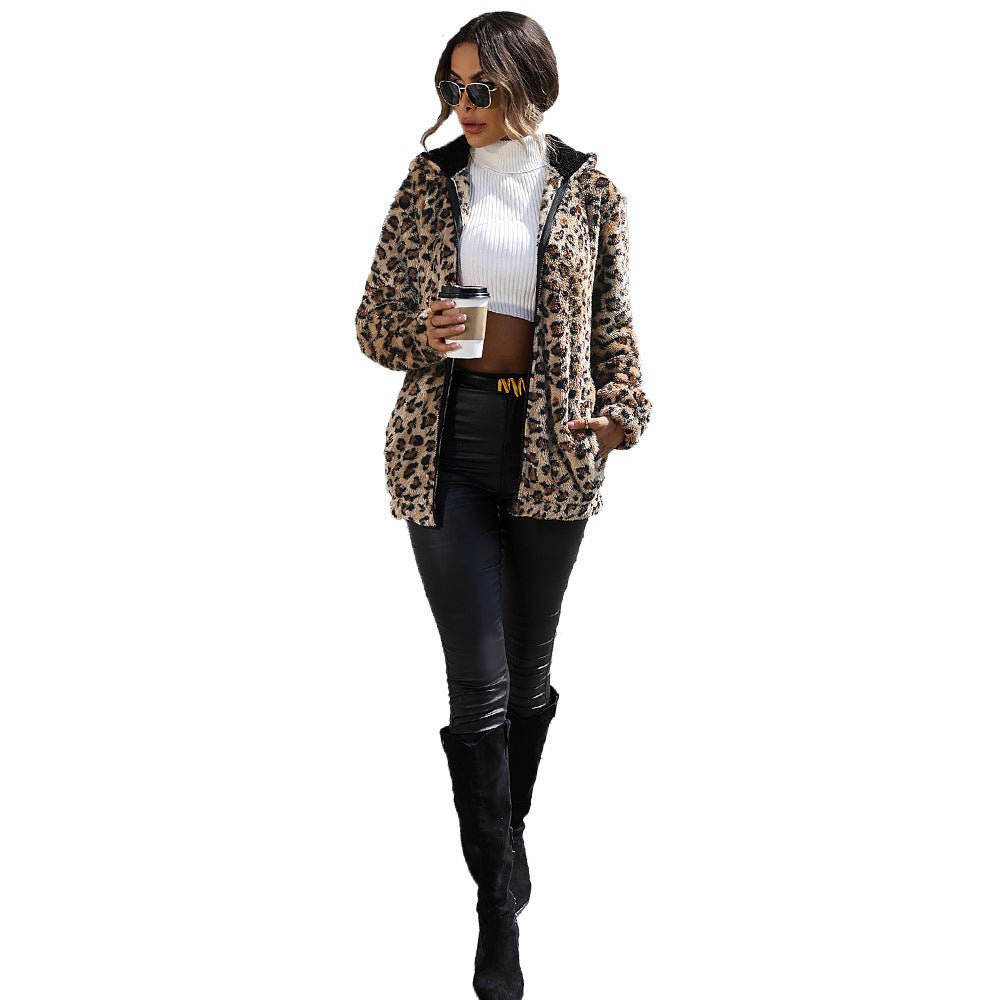 Women's Hooded Long Sleeve Leopard Print Double-sided Velvet Jacket/2 Colors