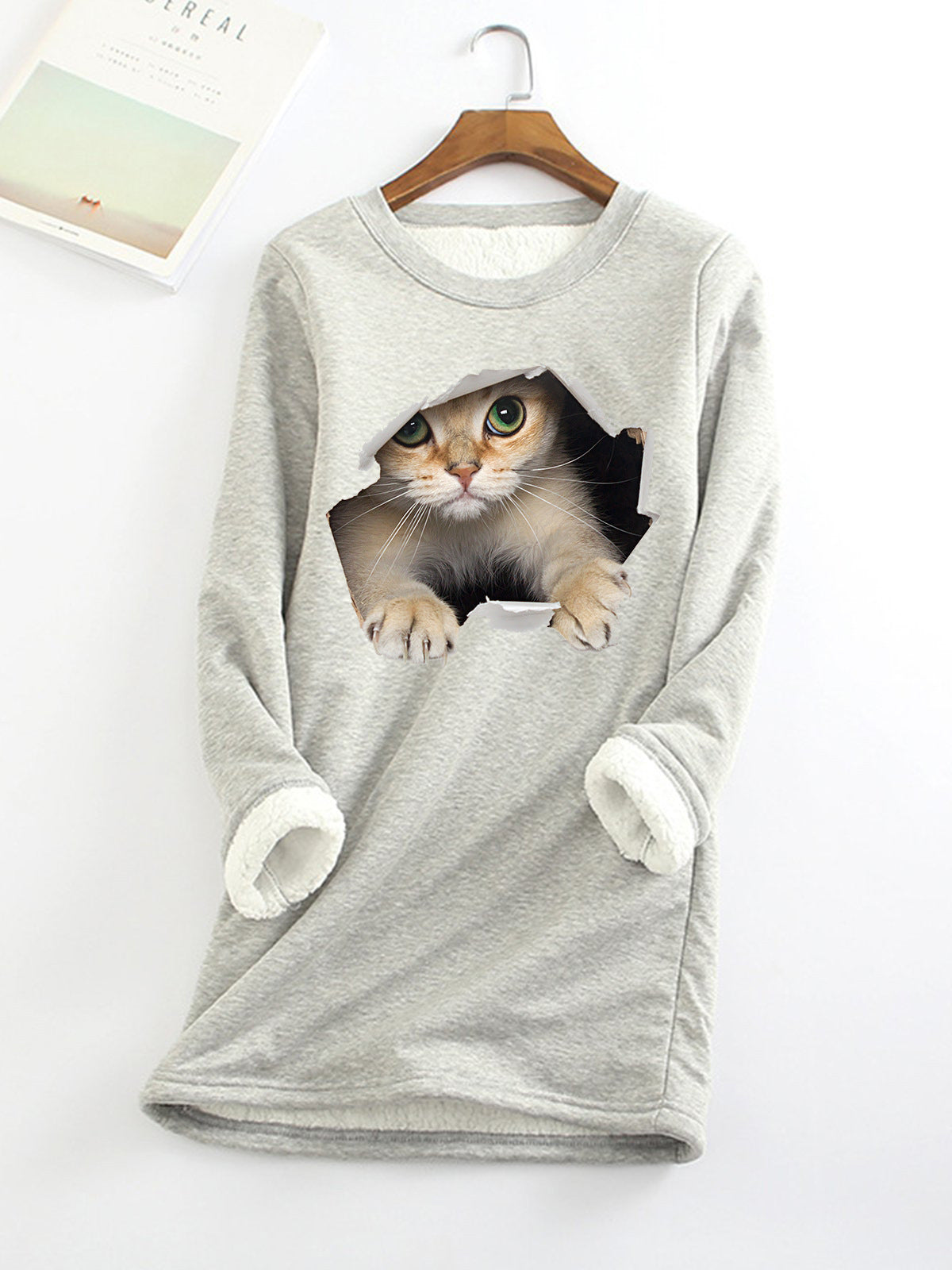 Woman's Fleece-lined 3D Print Kitten Top/12 Colors