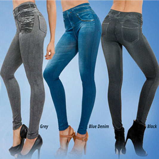 Woman's Fake Pocket Corset Denim Leggings/3 Colors